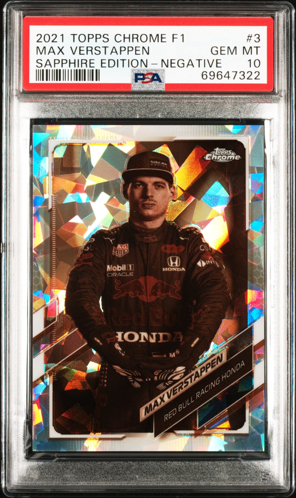 2021 TOPPS CHROME FORMULA 1 SAPPHIRE ED NEGATIVE #3 MAX VERSTAPPEN 69/100 PSA 10