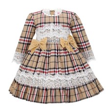 SALE Little Girls Toddlers Beige Double Bow Tartan Party Dress Age 12-18 Months