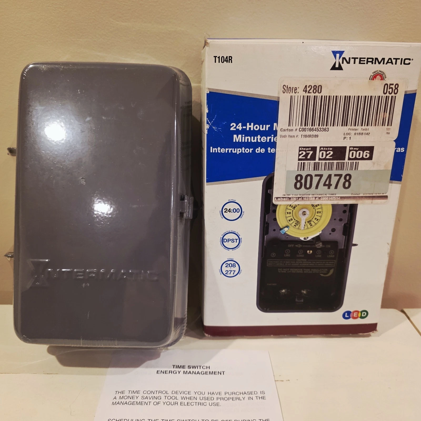 Intermatic T104R 24-Hour Mechanical Time Switch GRAY- SEALED