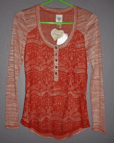 SELF ESTEEM LONG SLEEVE SHIRT RUST LACE HENLEY TOP JUNIORS SMALL NWT NEW - Picture 2 of 9