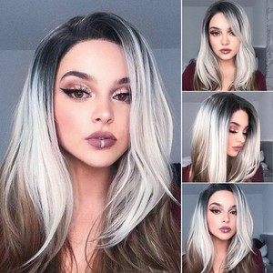 Women Short Straight Ombre Grey Hair Wig Cosplay Synthetic