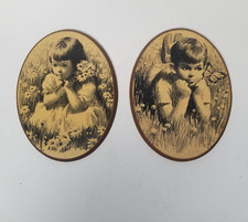 2 Wall Hangings Girl Flowers Boy Butterfly Vintage 1970s Wood Oval Woodcroftery