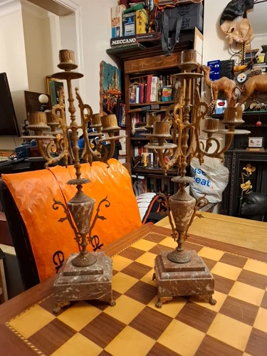 Pair Of Antique 19th Century 5 Arm French Brass & Marble Candelabra 47cm *