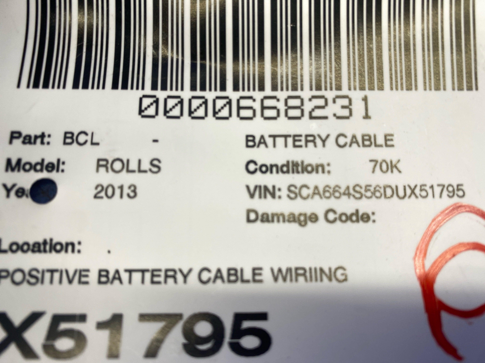 2013 ROLLS ROYCE GHOST POSITIVE BATTERY CABLE WIRIING WIRE 9217033 OEM