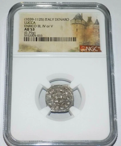 ITALY LUCCA DENARO ENRICO III IV V CRUSADES 1035-1125 AD NGC AU 53 Crusader Coin