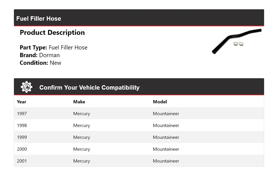 Manguera de llenado de combustible Mercury Mountaineer Dorman 1997-2001 1998 1999 2000 Foto 2 de 4