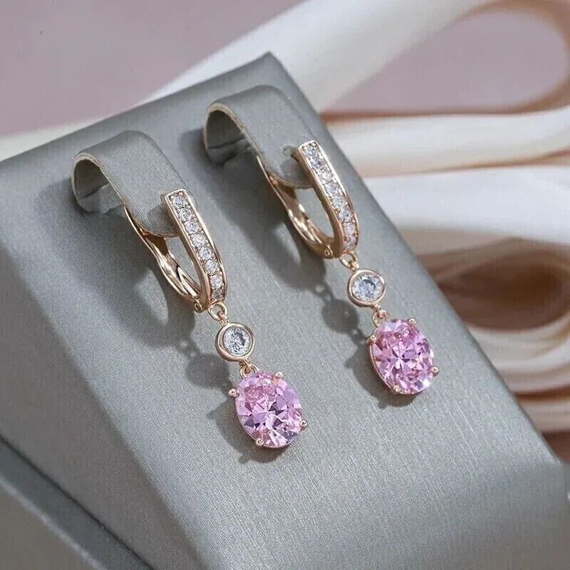 Simulated Pink Sapphire Drop Dangle Earrings 14K Yellow Gold Plated 2Ct  Oval Cut