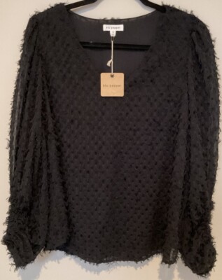 NWT Blu Pepper Womens Sheer Top Size Small Black Vneck 3/4 Sleeves