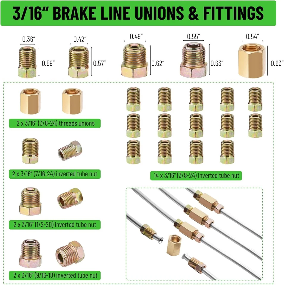 25 Ft 3/16 + 1/4 Zinc-Coated Brake Line Tubing Kit With 30 Fitting and 4 Unions) - Image 2 of 4