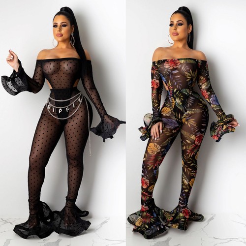 NEW Women's Sexy Printed Off Shoulder Long Sleeves See-through Club Outfits  2pcs | eBay
