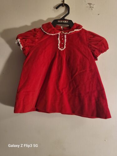Vintage Baby Girls Party Dress Red Velvet White L… - image 1