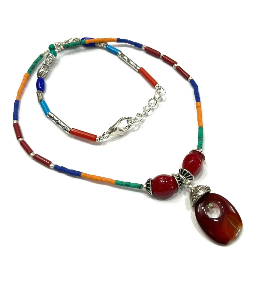 Carnelian, Coral Gemstone Tibetan 925 Sterling Silver Necklace Jewelry 18" Adjus - Изображение 3 из 4