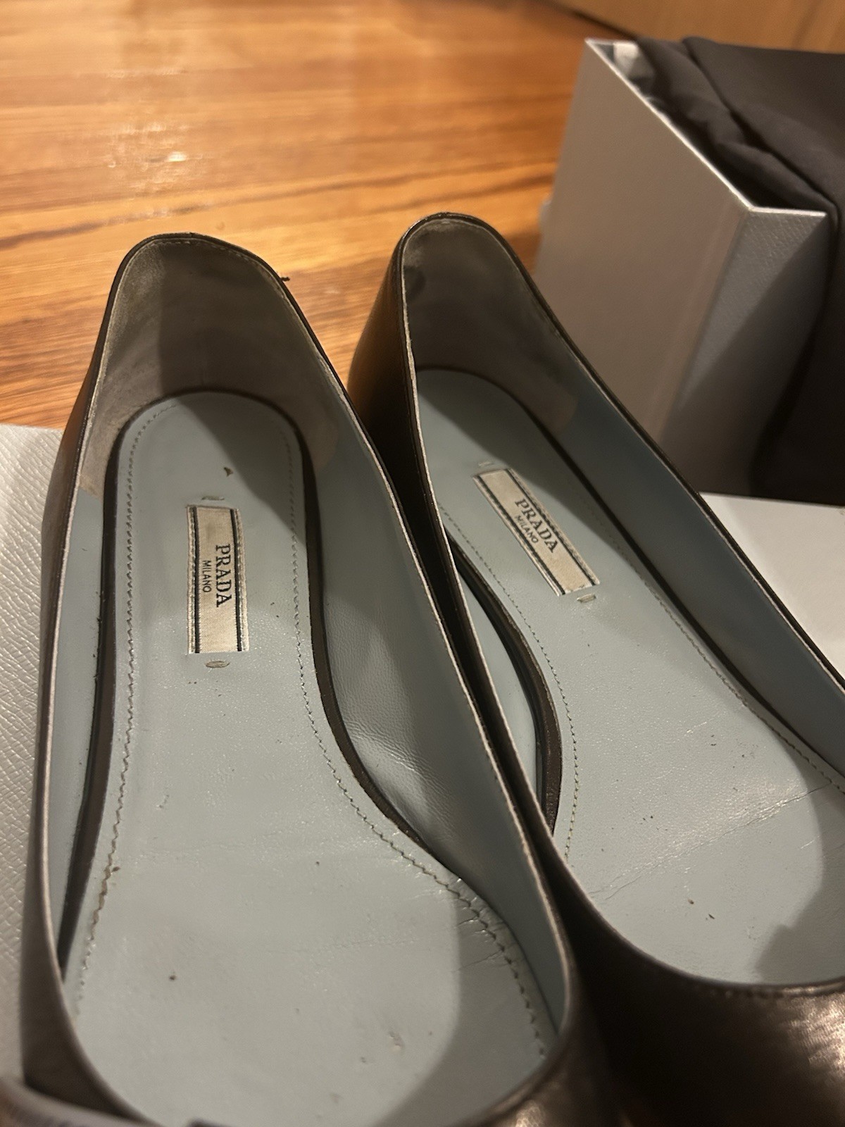 PRADA Women's Black Semi Pointed Toe Leather Flats with Blue Bow Accent - EU 38 thumbnail 14