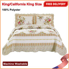 Fancy Linen 3PC Bedspread Bed Cover, Off White Floral New King/California King
