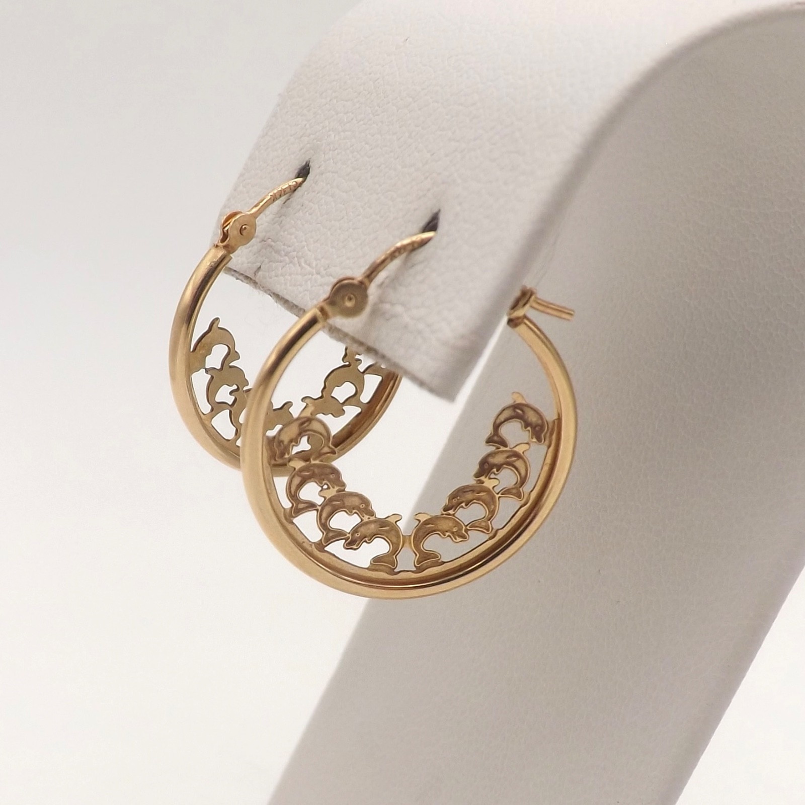 Solid 14k Gold Dancing Dolphins Hoop Earrings Vin… - image 1
