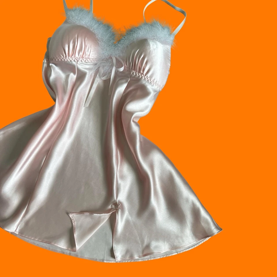 00's vintage baby pink satin feather maribou y2k lingerie babydoll slip M apt 9 - Image 4 of 4