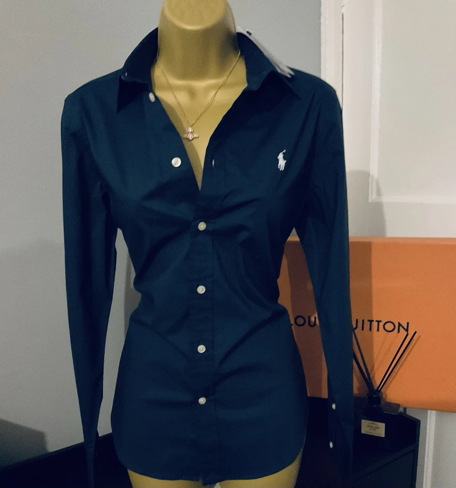 Pristine Ralph Lauren Navy Blue Cotton Blend Shirt Blouse Stunning UK 10 - Image 2 of 4