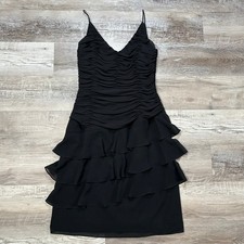 Vintage Talbots Petites Silk Black Ruched Tiered Ruffle Dress Size 8