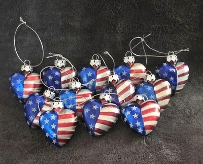 Patriotic Heart Shaped American Flag Christmas Ornaments, Set of 36 Hand Painted