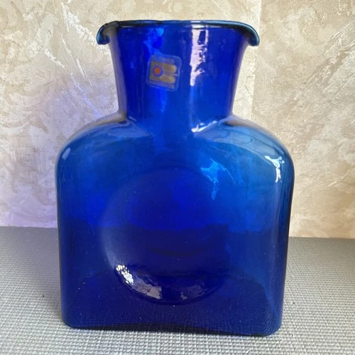 Blenko 384 Cobalt Blue Glass Double Spout Water Bottle Pitcher
