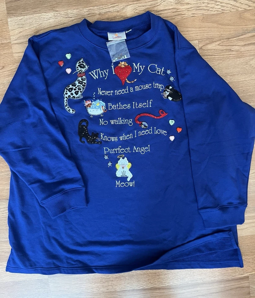 QUACKER FACTORY I  Love My Cat Sweater -Embroidered/Sequins/Beads. Soft. 3X New - Image 2 of 4