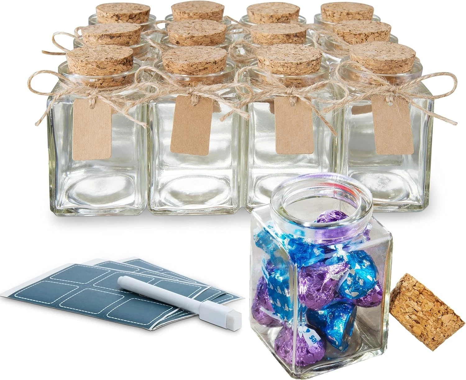 Square Glass Jars with Lids - Set of 12 Mini Glass Jars with Corks for Wedding &