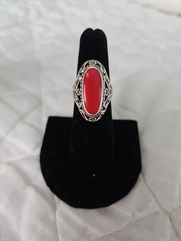 925 STERLING SILVER CORAL STATEMENT RING Filigree RING SIZE 6 3/4 Gorgeous 