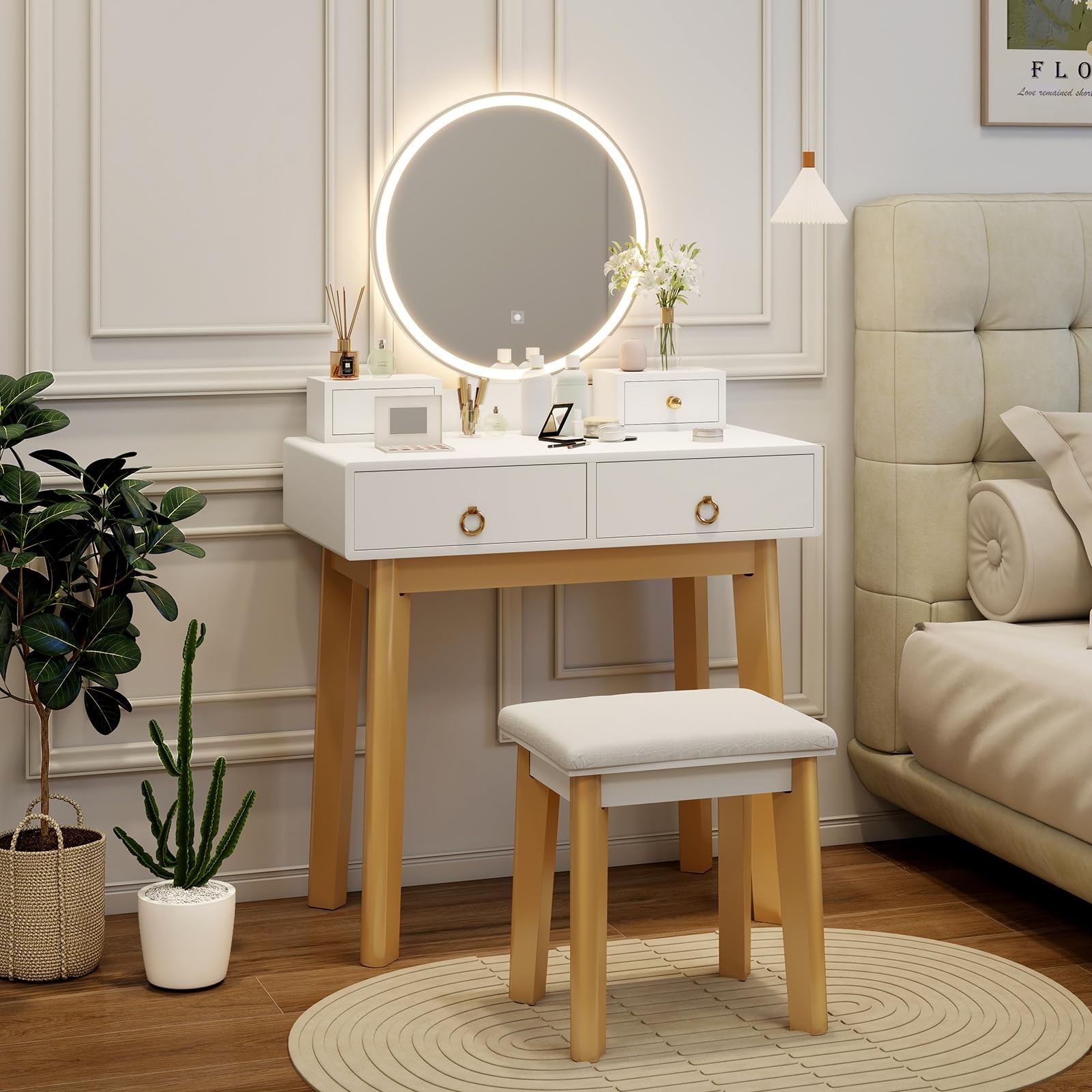  Makeup Vanity Desk with Mirror & Lights, Dressing Table and Chair Set 