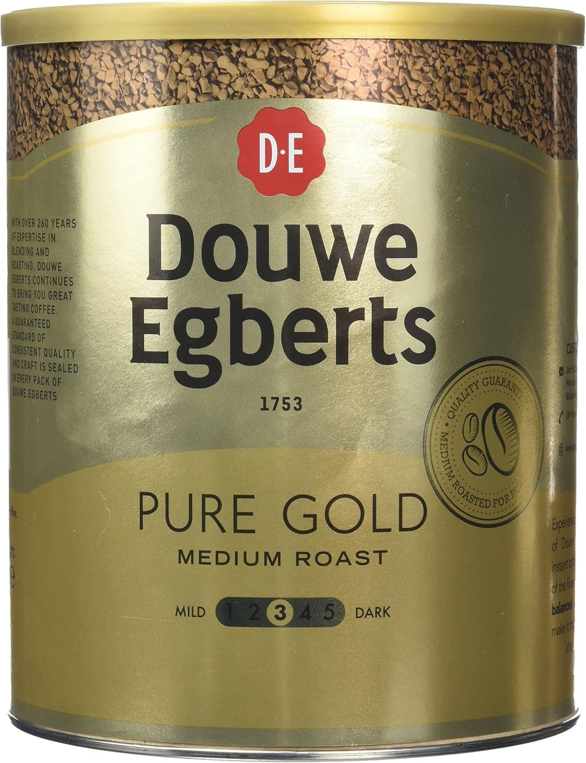 1 x 750g Douwe Egberts Pure Gold Instant Coffee Tin Medium Roast 470 Servings
