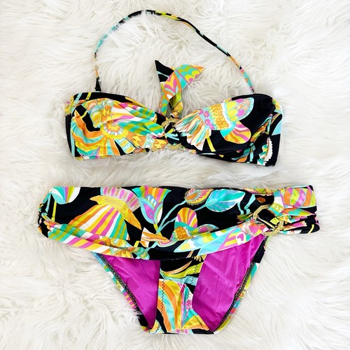 Trina Turk Womens Bikini Set Size 8 Halter Neck Black Multicolor Tropical Beach