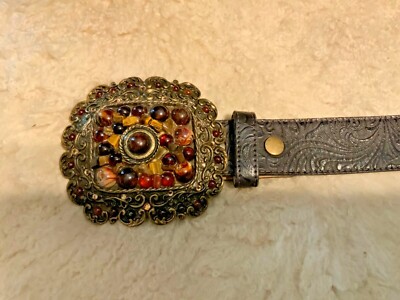 Leatherock Brown Belt with Ornate Buckle Vintage Leatherock Big Buckle Jeweled Belt Large Tan  main image 4