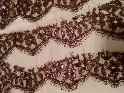 BORDER PIECES METALLIC COPPER ON BLACK NET FRENCH CHANTILLY LACE FABRIC - Picture 2 of 8