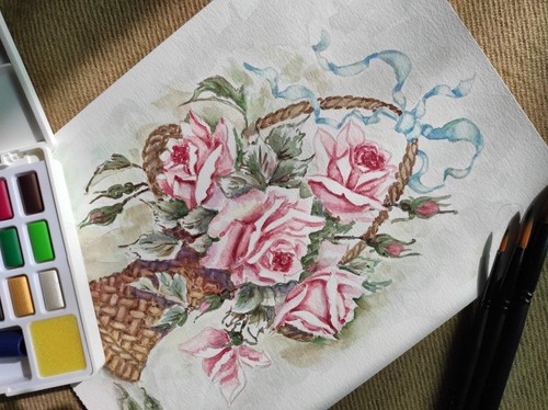 Giclee Art Print by Original Painting DUSTY PINK VINTAGE Flowers Roses Floral A4 - Picture 14 of 15