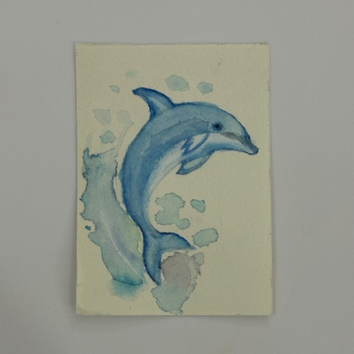 ACEO Original Water Color Cute Dolphin Blue Ocean Water Art Card Miniature NEW