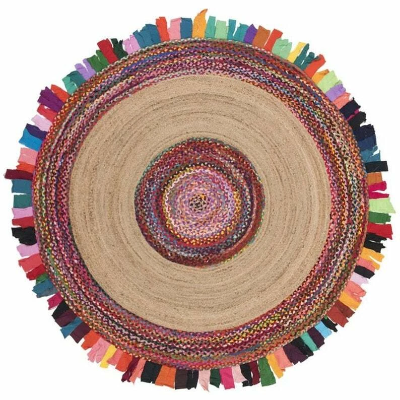 Handmade Handwoven Rag Rug Colorful Chindi Area Rug Home Decor Rug Jute 4x4 Feet - Image 3 of 4