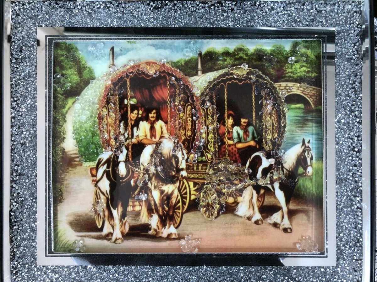 XL CRUSHED DIAMOND CRYSTAL LIQUID ART WALL HUNG HORSE WAGON WHITE