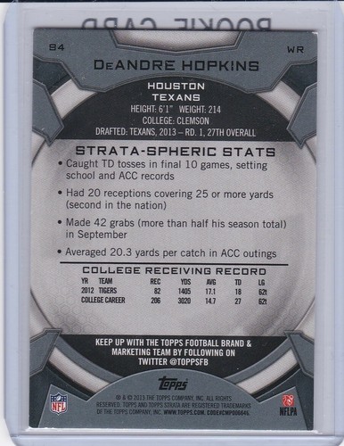 DeANDRE HOPKINS ROOKIE CARD 2013 Topps Strata Football TEXANS RC Cardinals! - Picture 2 of 2
