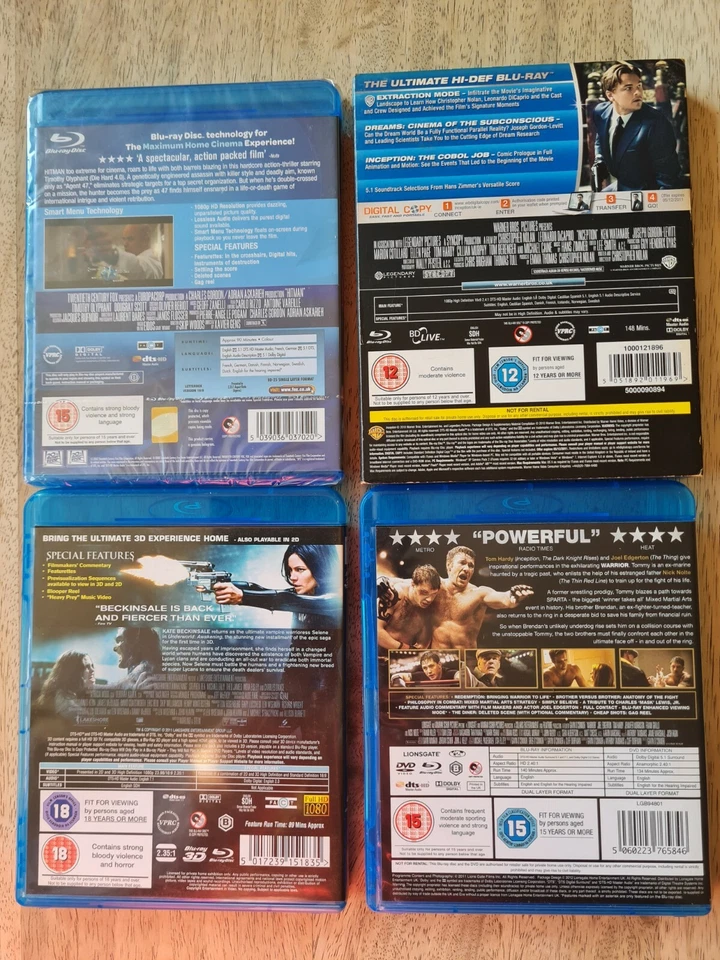 Inception/ Warrior/Underworld Awakening 3D/ Hitman Ex-Edition 4 x Blu Ray Bundle - Image 2 of 2