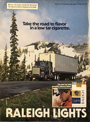 cigarette truck 1980 Raleigh Lights Cigarettes PRINT AD Truck Driver Take Road To Flavor  VTG 80s