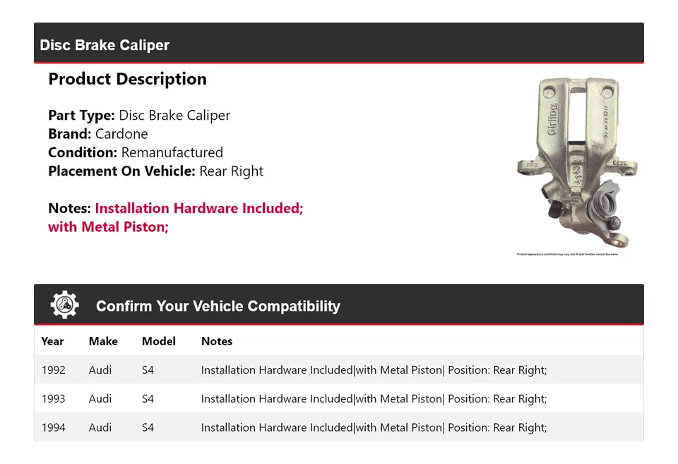 Pinza de freno de disco trasera derecha cardone 1993 para Audi S4 1992-1994 Foto 2 de 4