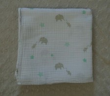 Bear Hugs Elephants Stars Baby Blanket Swaddle White Green Gray Muslin Cotton