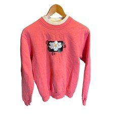 Vintage 90s Flower Embroidered Top Stitch Pink Pullover Sweatshirt Top Grandma