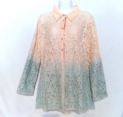 Soft Surroundings Aurelie Dip Dye Eyelet Ombre Lace Button Down Tunic  Size PL