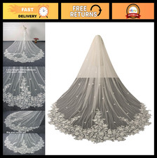 Floral Pearl Cathedral Wedding Bridal Veil with Metal Comb - Elegant Bridal Acce