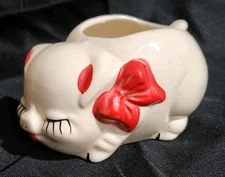 Vintage Shawnee White Sleeping Pig  with Red Bow Planter