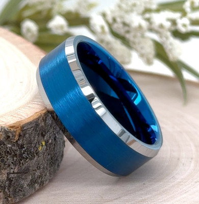 8mm Silver & Blue Tungsten Christmas Gif Ring Stain Surface Polished Finish Band