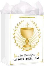 First Communion Gifts Bags for Girls Boys Kids-Gold Cross Religious Gift Bag wit