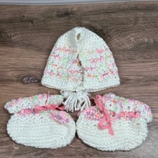 Crochet Hat and Booties Set Baby Newborn White Pink Pastel Handmade