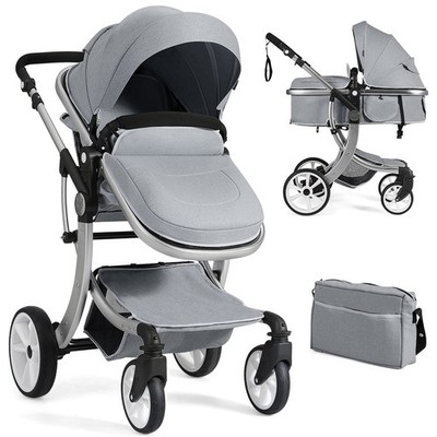 Folding Aluminum Infant Bassinet Reversible Baby Stroller W/ Diaper Bag Grey