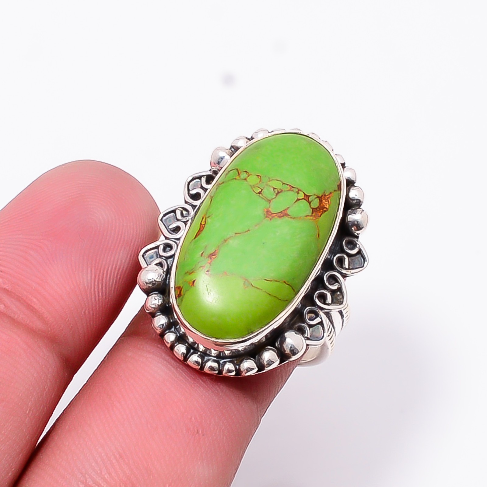 Copper Green Turquoise Sterling Silver Bold Oval Statement Ring S.7 R12472